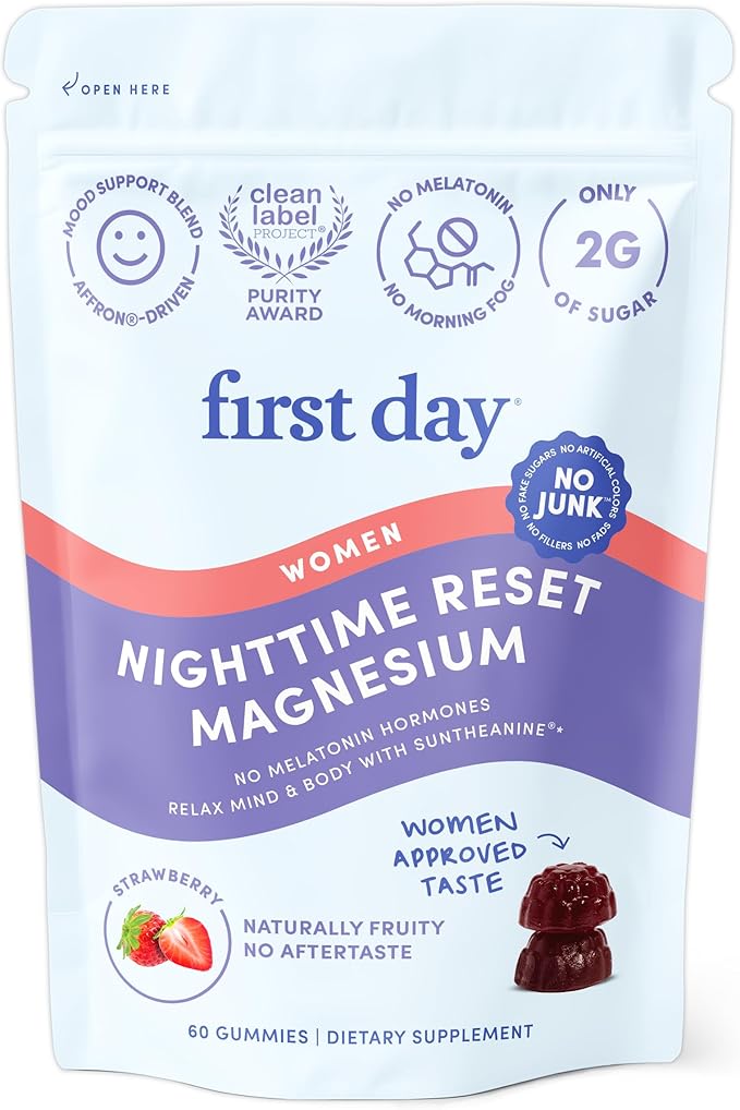 First Day Women’s Nighttime Reset Calming Magnesium Gummies – Sleep Aid Supports Peaceful Rest, Balanced Mood & Energy – Supplement with Magnesium Citrate, L-Theanine & No Melatonin – 30-Day Supply
