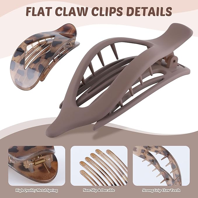 Lourny Flat Hair Clips for Women, 6PCS Flat Claw Clips for Thin Hair Lightweight Non-Slip Claw Clips for Women