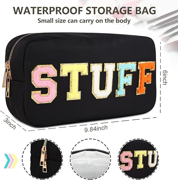 4PCS Nylon Zipper Waterproof Preppy Makeup Organizer Bag Set - Cosmetic Stuff Pouch for Women Travel Toiletry Organization Outdoor with Chenille Letter Patches