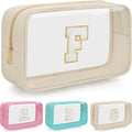 Personalized Initial Clear Makeup Bag, Travel Chenille Patch Cosmetic Bag, Preppy Toiletry Bag Monogram Cosmetic Pouch with Zipper, Ideal Gift for Teen Girls Women (Clear-Beige, F)