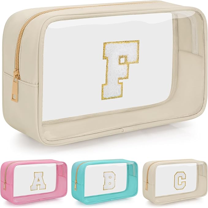 Personalized Initial Clear Makeup Bag, Travel Chenille Patch Cosmetic Bag, Preppy Toiletry Bag Monogram Cosmetic Pouch with Zipper, Ideal Gift for Teen Girls Women (Clear-Beige, F)