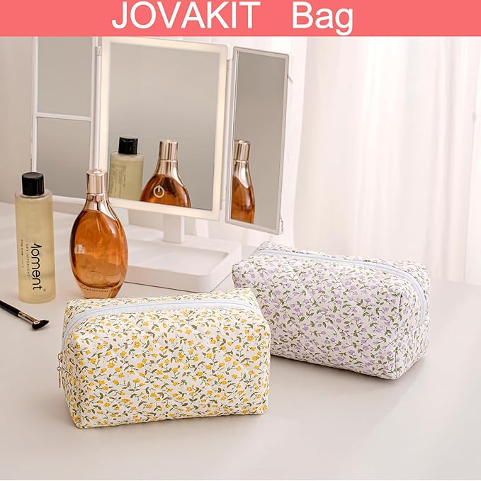 JOVAKIT Square Makeup Bag Cute Cosmetic Bag for Women, Floral Coquette Aesthetic Toiletry Bag, Zipper Make Up Pouch, Travel Make Up Organizer Bag (Yellow Floral)