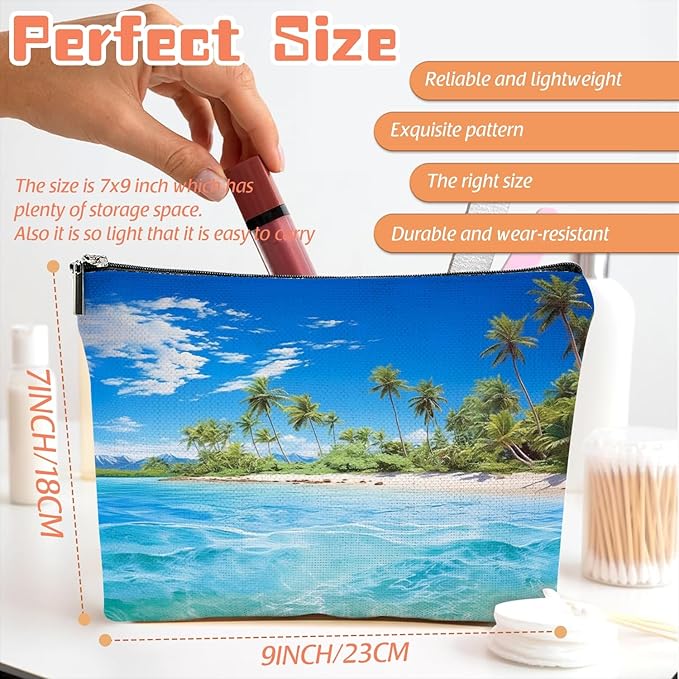 Makeup Bag Travel Cosmetic Bags Small Makeup Case Waterproof Zipper Pouch for Women Girls 7X9inches - Tropical Paradise with Palm - Lined Beach
