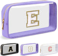 Personalized Initial Letter Clear Makeup Bag,Preppy Small Nylon&PVC Cosmetic Zipper Bag with Chenille Letter,Travel Skincare Toiletry Bag,Monogram Christmas Gift for Teen Girls Women,E