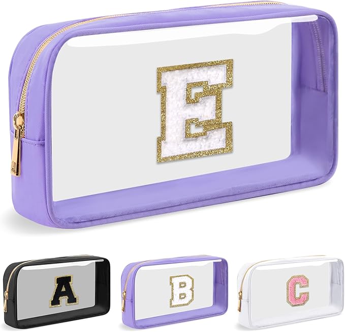 Personalized Initial Letter Clear Makeup Bag,Preppy Small Nylon&PVC Cosmetic Zipper Bag with Chenille Letter,Travel Skincare Toiletry Bag,Monogram Christmas Gift for Teen Girls Women,E
