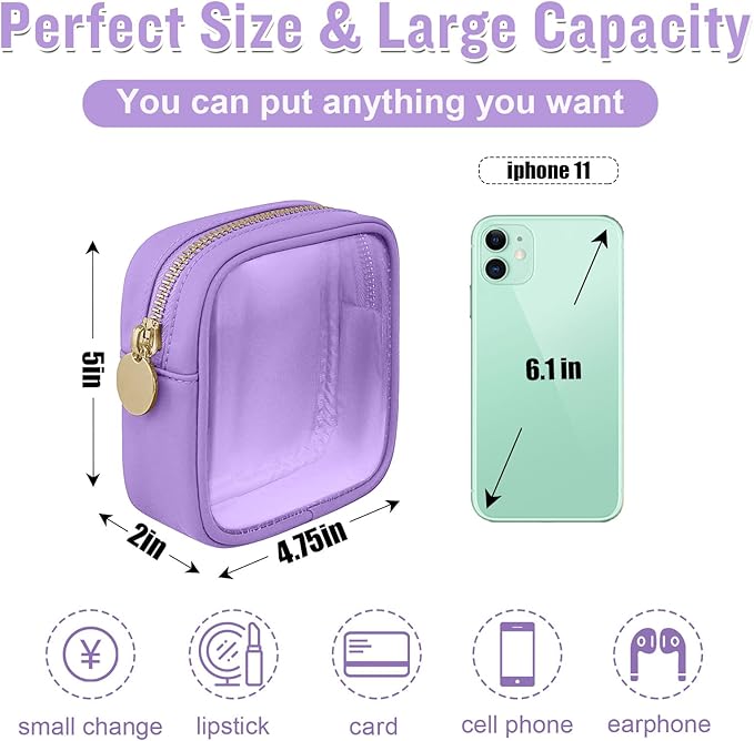 Mini Clear Travel Makeup Organizer Bag for Purse, Small Cute Makeup Bag Preppy Cosmetic Zipper Pouch Purse, Transparent PVC & Nylon Travel Coin Pouch Sanitary Napkin Storage Bag for Women Girl(Purple)