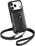 LUCKYCOIN Crossbody Wallet Phone Case for iPhone 17 Pro Max,100% Genuine Leather Wallet Phone Case with Expandable Flip Card Holder,Phone Purse for Women with Adjustable Removable Strap - Black