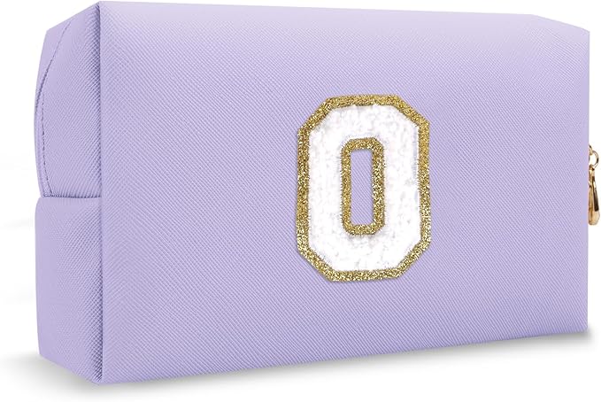 Small Initial Preppy Patch Makeup Bag, Personalized Purple Cute Cosmetic Zipper Pouch Toiletry Bags for Traveling, Waterproof Chenille Letter Make Up Storage Bags Travel Essentials for Women(Letter O)