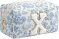 Gleyemor Personalized Initial Makeup Bag for Women, Cute Quilted Blue Floral Cotton Cosmetic Bag, Christmas Gifts for Her Mom Friend Sister Bridesmaid Teacher Women X