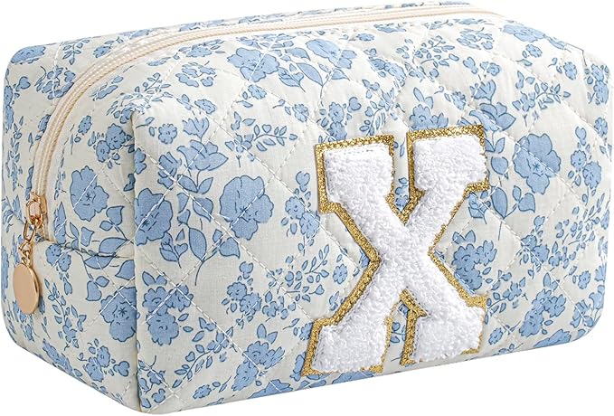 Gleyemor Personalized Initial Makeup Bag for Women, Cute Quilted Blue Floral Cotton Cosmetic Bag, Christmas Gifts for Her Mom Friend Sister Bridesmaid Teacher Women X