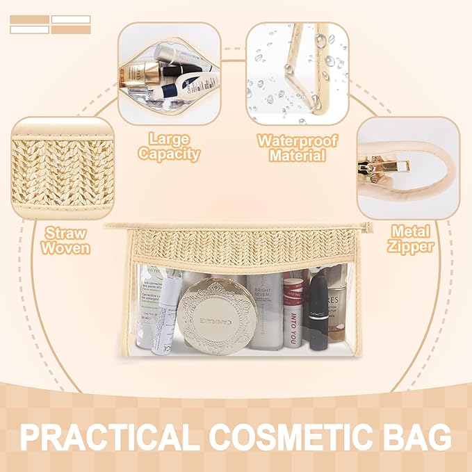 Small Boho Straw Clear Makeup Bags for Women&Girls, Zipper Cosmetic Bag Chenille Varsity Letter Patch Bag, Preppy Cute Toiletry Pouch, Trendy Organizer Storage Pouch for Beach Travel Essentials