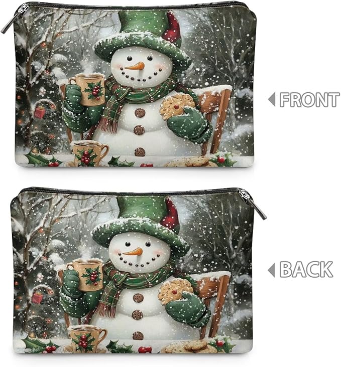 COEQINE Mini Cosmetic Bags for Women Leather Makeup Bag Large Travel Make up Brush Case Toiletry Bag for Womens Holiday Birthday Christmas Gifts,Cute Snowman Designer