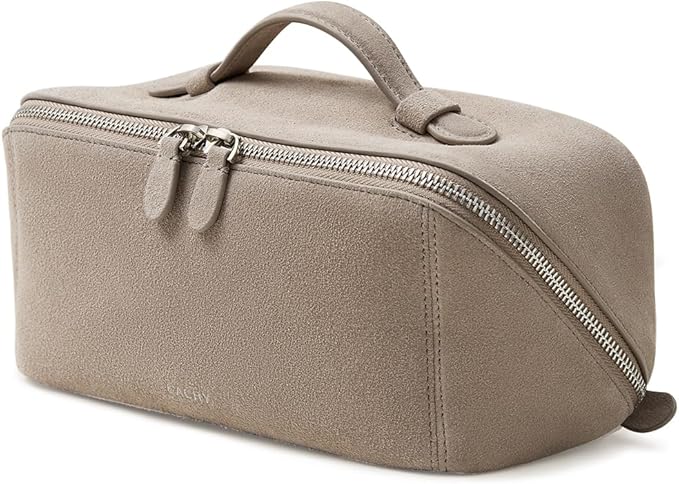 EACHY Leather Makeup Bag, Portable 180° Wide-Open Flat Cosmetic Bag for Women, Large Capacity Make Up Organizer Makeup Pouch with Divider and Handle