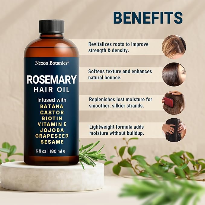Rosemary Oil for Hair Growth 6 fl oz - Natural Scalp and Hair Oil with Batana, Castor, Biotin, Vitamin E, Grapeseed, Jojoba, Sesame - Aceite de Romero y Batana - Nexon Botanics