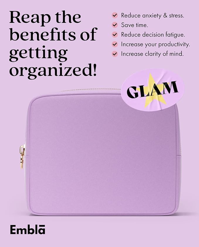 Embla Makeup Bag Travel Cosmetics Pouch and Toiletry Bag, Nylon Zipper Pouch Purse, Cute Make Up Organizer Storage Tote for Women Girls, Waterproof Travel Skincare Case, Large Makeup Bags, Grape