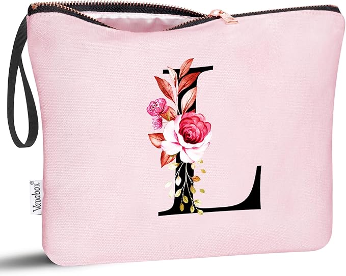 Vavabox A-Z Personalized Makeup Bag, Birthday Gifts for Women Mom, Gifts for Best Friend, Bride Bridesmaid Cosmetic bag (L, Pink)