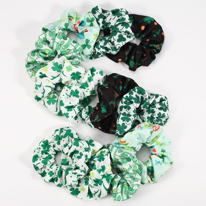 Green Shamrock and Rainbow Elastic Hair Scrunchies - 12PCS Gifts for Women & Teen Girls, St. Patrick's Day Decor Hair Accessories