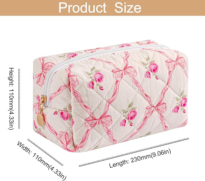 Makeup Bag Travel Cosmetic Bag for Women Girls, Zipper Make Up Pouch, Floral Flowers Toiletry Organizer Makeup, Portable Storage Bag, Cosmetic Travel Cloth Bag (Pink+Pink Bowknot)