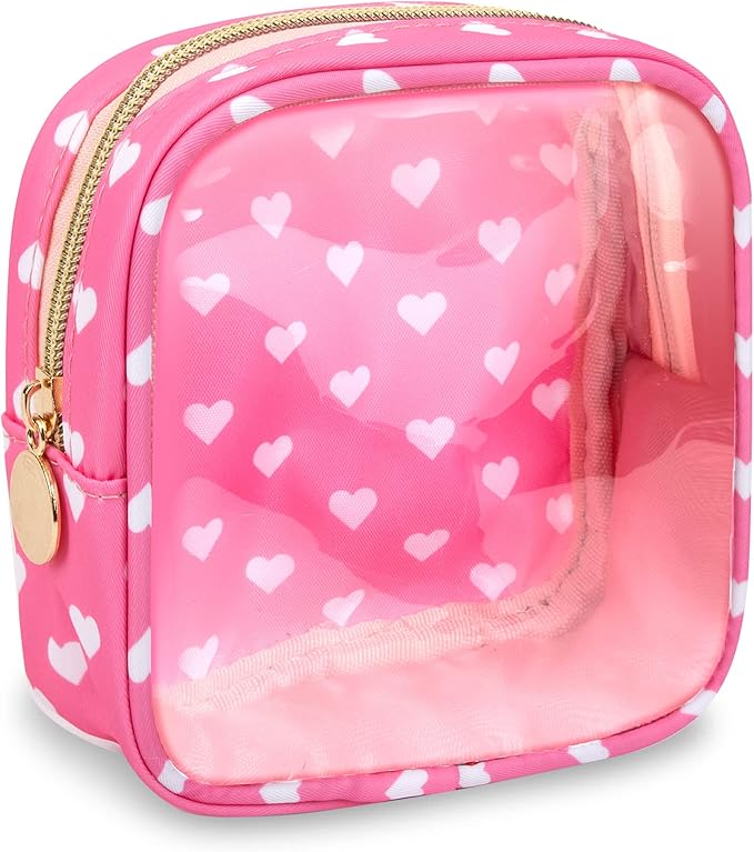 Mini Clear Travel Makeup Organizer Bag for Purse, Small Cute Preppy Pink Makeup Bag Cosmetic Zipper Pouch Purse, Transparent PVC & Nylon Waterproof Toiletry Storage Clutch for Women Girls(Pink Heart)