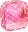 Mini Clear Travel Makeup Organizer Bag for Purse, Small Cute Preppy Pink Makeup Bag Cosmetic Zipper Pouch Purse, Transparent PVC & Nylon Waterproof Toiletry Storage Clutch for Women Girls(Pink Heart)