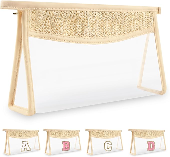 Personalized Initial Letter Bag Boho Straw Clear Makeup Bag,Small Cute Chenille Varsity Letter Pouch With Zipper,Beach Travel Toiletry,Portable Monogrammed Cosmetic Bag for Women Girls