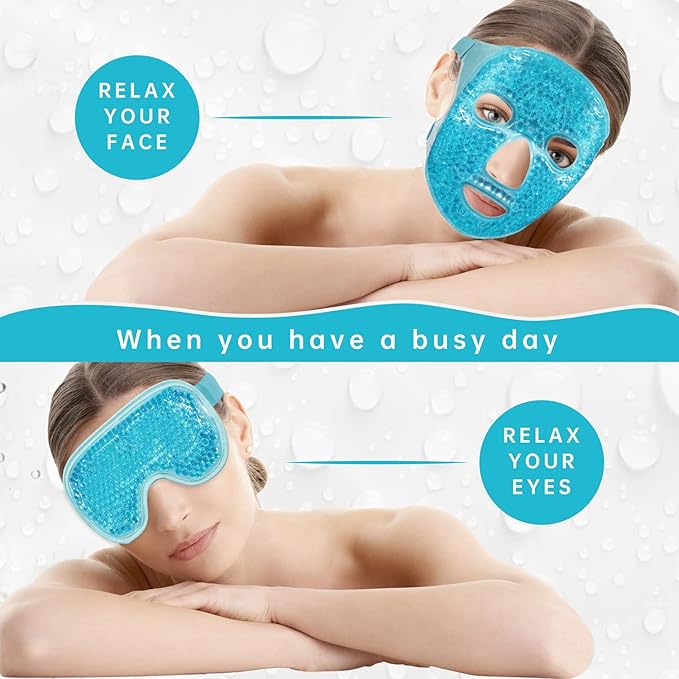 ZNÖCUETÖD Cooling Ice Face Eye Mask for Reducing Puffiness, Bags Under Eyes,Sinus,Redness,Pain Relief,Dark Circles, Migraine,Hot/Cold Pack with Soft Plush Backing (Blue(1* Eye Mask+1*Face Mask))
