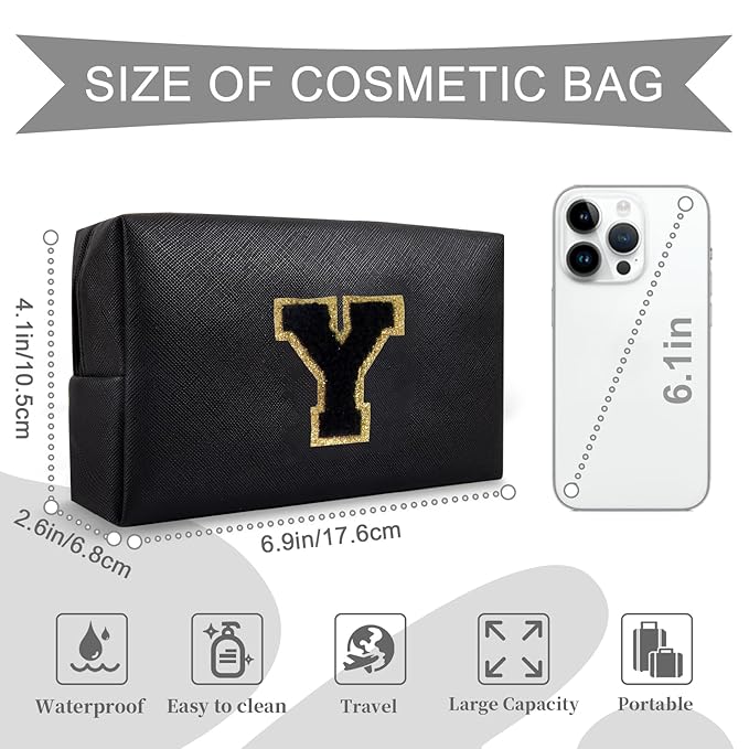Personalized Initial A-Z Preppy Patch Makeup Bag,Small PU Chenille Letter Cosmetic Bag with Zipper for Teen Girls,Black Cute Toiletry Organizer Bag,Monogram Makeup Case Gift for Women Girls,Letter Y