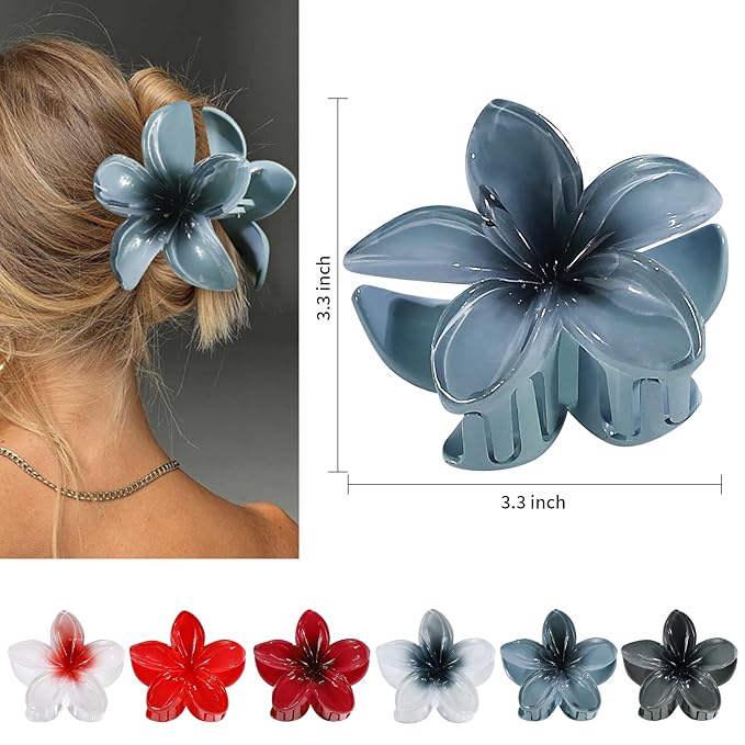 Flower Hair Clips 6 PCS Hawaiian Claw Clips for Vacation Hibiscus Hair Claw Clips Cute Large Hair Clips for Thick and Thin Hair Plumeria Hair Accessories for Women Girls -Dark Color