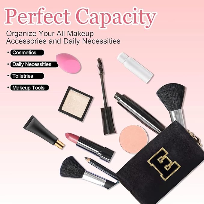 Small Personalized Letter Makeup Bag, Cute PU Leather Chenille Letters Cosmetic Bag Travel Makeup Pouch, Preppy Travel Organizer Zipper Pouch for Women&Girls（Black-E）