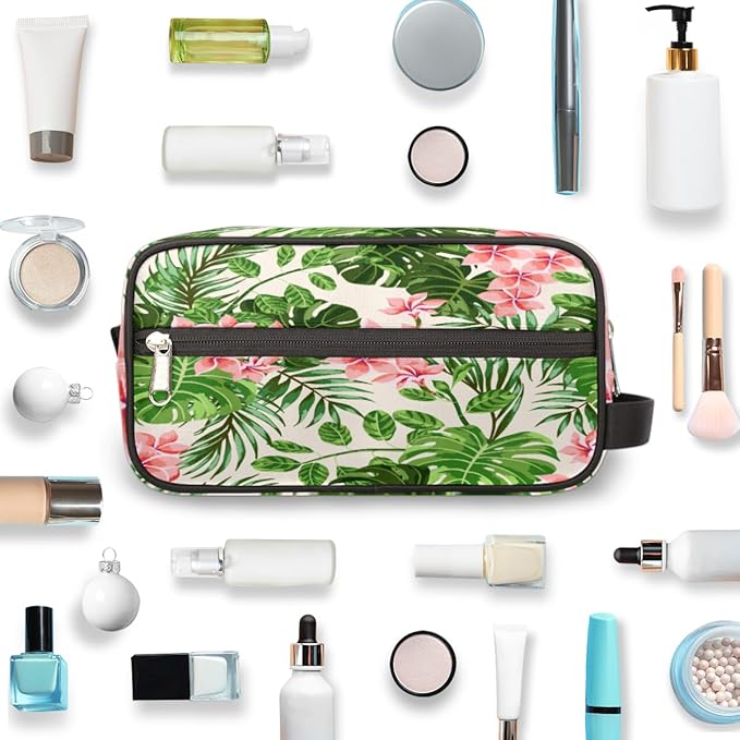 Tropical Leaf Flower Travel Toiletry Bag for Women Men Lightweight Cosmetic Makeup Bag Organizer Waterproof Shaving Bag Dopp Kit with Large Capacity for Toiletries and Shaving Accessories