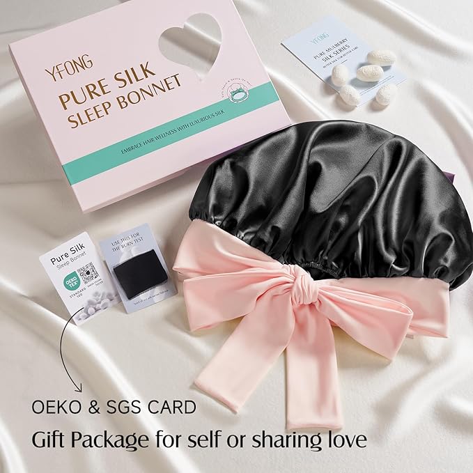 YFONG 100% 22 Momme Mulberry Silk Bonnet for Sleeping Women, Larger Double Layer Silk Hair Wrap for Curly Short Long Hair, Non-Slip Sleep Cap Turban with Elastic Tie Band (Pink & Black)