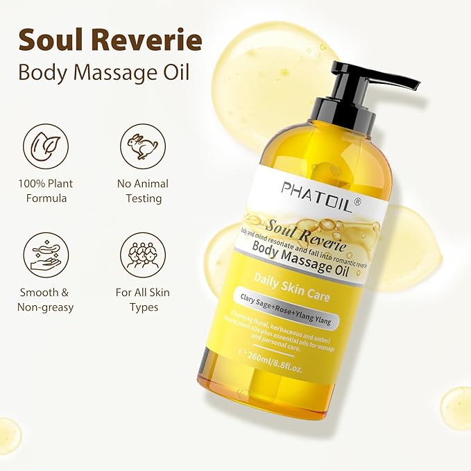 PHATOIL 260ML YlangYlang Body Massage Oil for with Clary Sage and Rose Oil, Large Bottle Body & Facial Oil for Nourishing Skin, Muscle, Scented Body Oil for After Shower(8.8FL.OZ)