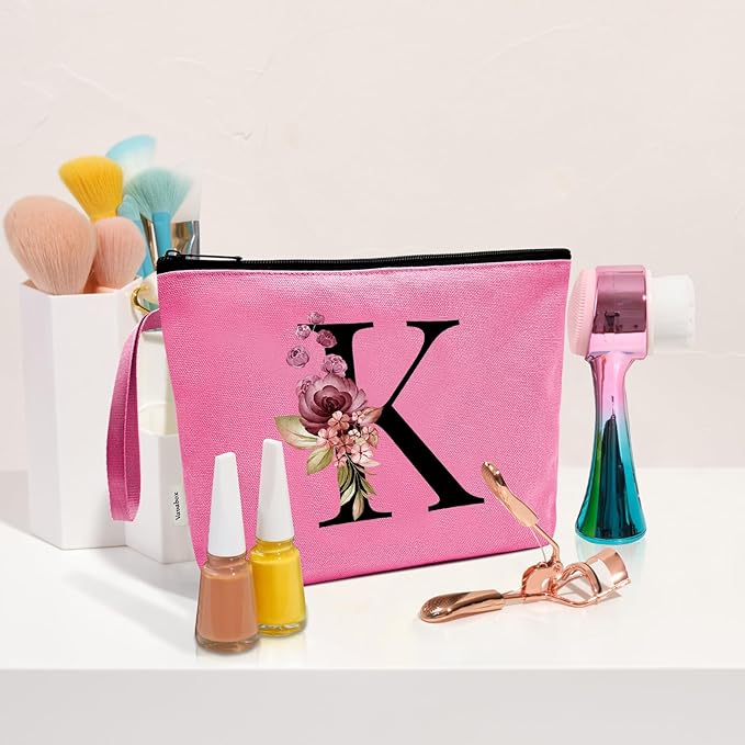 Vavabox A-Z Personalized Makeup Bag, Birthday Gifts for Women Mom, Gifts for Best Friend, Bride Bridesmaid Cosmetic bag (K, Peach)