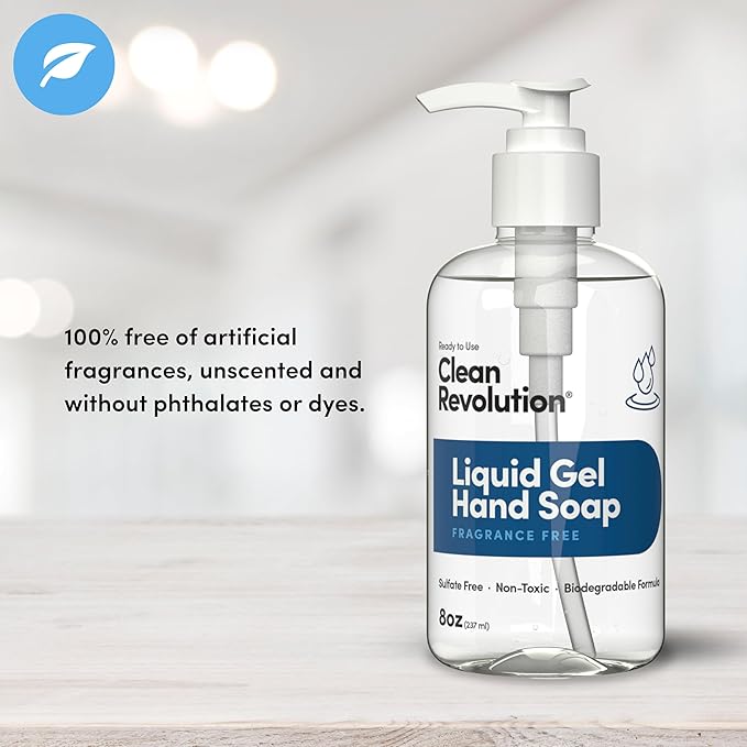 Clean Revolution Liquid Gel Hand Soap, Silky Rich Liquid, Quick Lather, Fast Rinsing (Fragrance Free) 8 Fl Oz (Pack of 2)