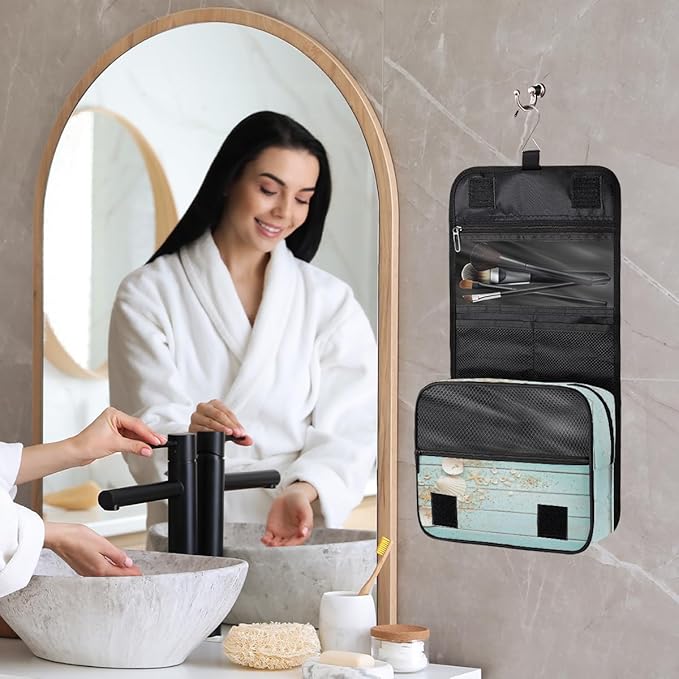 Hanging Travel Toiletry Bag for Women Men Teal Wooden Waterproof Makeup Bag Beach Starfish Portable Cosmetic Bag Travel Essentials for Traveling Accessories Toiletries Bathroom Shower