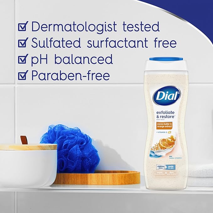 Dial Body Wash, Exfoliate & Restore Cocoa Butter & Orange Extract, 32 Fl Oz, With Vitamin E, Gentle, Leaves Skin Feeling Nourished, Dermatologist-Tested, No Parabens & Sulfates