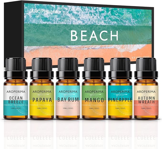 Beach Fragrance Essential Oil Set - Ocean Breeze, Bay Rum, Pineapple, Autumn Wreath, Mango, Papaya 6x10ML for Diffusers, Aromatherapy, Massage, Perfume, Soap Making and Candle