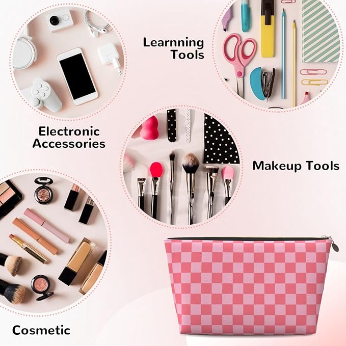 Womens Leather Makeup Bag Cosmetic Bag Travel Toiletry Bags Make Up Bags for Women Adult (Elegant Pink)