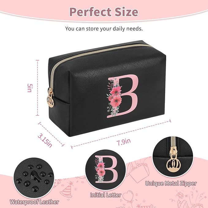Personalized Initial Makeup Bag, Birthday Gifts for Women and Girls, Small Makeup Pouch Travel Toiletry Bag, Make Up Organizer Bag Gift Trendy Stuff for Friend Mom Teacher, Black