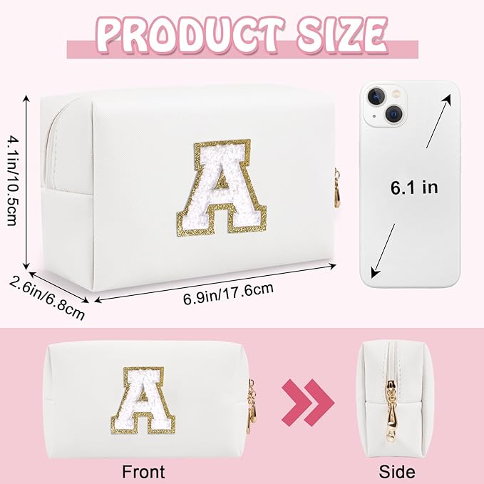 Personalized Initial Preppy Patch Makeup Bag, Small Travel Cute Cosmetic Pouch Makeup Case Organizer Toiletry Zipper Pouch, Waterproof Chenille Letter Storage Bag Gift for Women Friendship(Letter A)