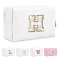 Small Initial Patch Makeup Bag Personalized Gifts Make Up Bag,White Cute PU Leather Glitter Letter Cosmetic Bag with Zipper,Trendy Portable Travel Toiletry Pouch,Preppy Stuff for Teen Girls Women H