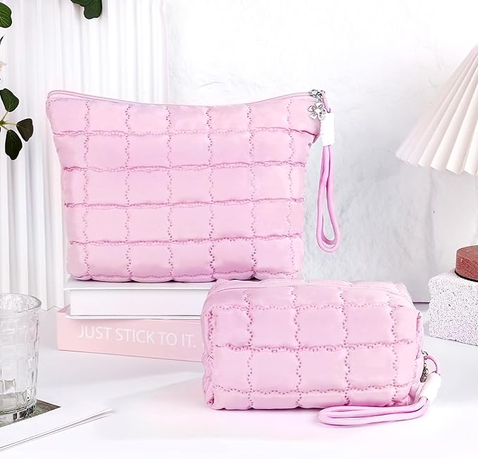Richeart Makeup Bag Travel Toiletry Bag - Checkered Down Cotton Makeup Pouch for Women with Cosmetic and Pencil, Aesthetic Pink Design, 2 Pieces