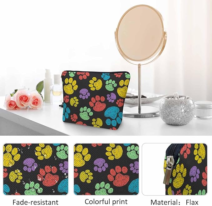 Woman Makeup Bag Dog Paw, Rainbow Doodle Paw Prints Cat Footprint Makeup Bags Travel Cosmetic Bags Toiletry Makeup Organizer Pencil Pouch Make Up Cosmetic Bag For Owners Lady Birthday Gifts