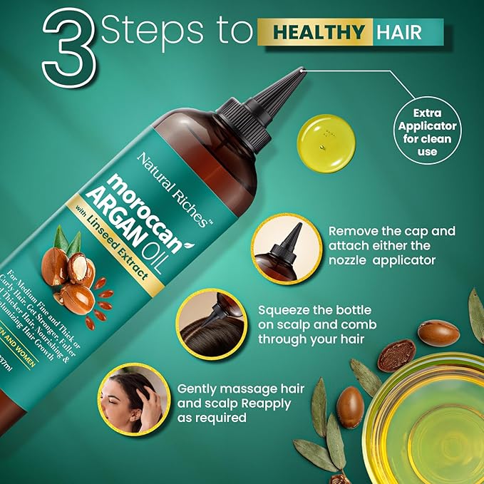 Natural Riches Moroccan Argan Oil with Linseed Extract, Hair Treatment for All Hair Types, Smooths frizz, detangles, conditions and boosts shine 8 Fl Oz