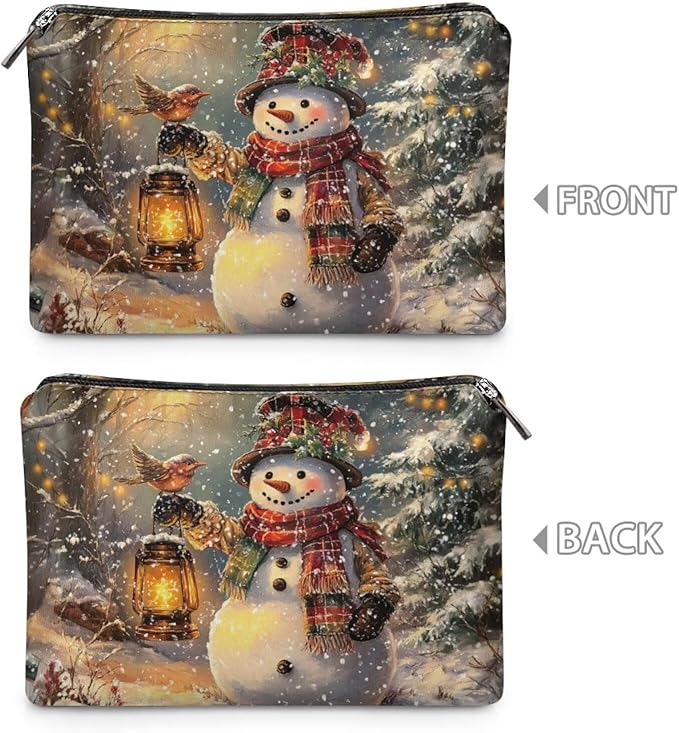 COEQINE Lip Balm Pouch,Snowman Purses for Women Leather Makeup Bag Travel Toiletry Bag with Zipper Travel Essentials Toiletries Accessories Brushes Costume Bags for Holiday Christmas Gifts