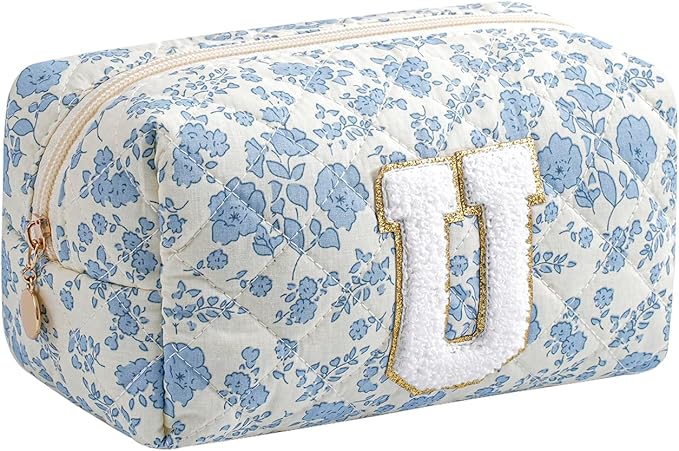 Gleyemor Personalized Initial Makeup Bag for Women, Cute Quilted Blue Floral Cotton Cosmetic Bag, Christmas Gifts for Her Mom Friend Sister Bridesmaid Teacher Women U
