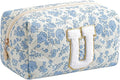 Gleyemor Personalized Initial Makeup Bag for Women, Cute Quilted Blue Floral Cotton Cosmetic Bag, Christmas Gifts for Her Mom Friend Sister Bridesmaid Teacher Women U