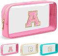 Personalized Initial Letter Clear Makeup Bag,Preppy Small Nylon&PVC Cosmetic Zipper Bag with Chenille Letter,Portable Beach Travel Skincare Toiletry Bag,Trendy Monogram Gift for Teen Girls Women,A