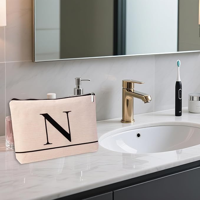 Letter A-Z Initial Personalized Makeup Bags, Birthday Gifts for Women, Monogrammed Gifts for Women Mom Sister Best Friend Bride Bridesmaid, Mothers Day, Christmas, Small Travel Cosmetic Bag (N)