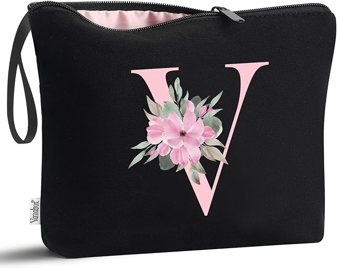 Vavabox A-Z Personalized Makeup Bag, Birthday Gifts for Women Mom, Gifts for Best Friend, Bride Bridesmaid Cosmetic bag (V, Black)